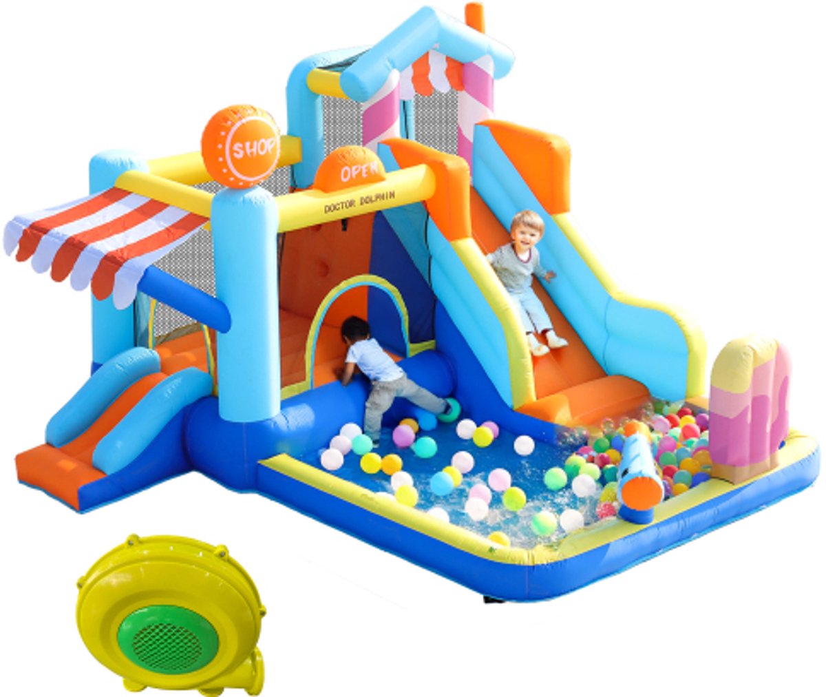 Learnlogic [Met Blower] Kinderspringkasteel, multifunctioneel buitenwaterpark + trampoline, waterglijbaan, kleine glijbaan, fontein, waterpistolen, winkelluifel, inclusief 450W blower, opblaasbare grootte: 395*340*236cm